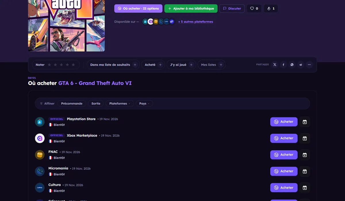 Liste des plateformes où acheter GTA 6