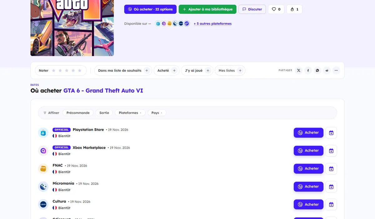 Liste des plateformes où acheter GTA 6