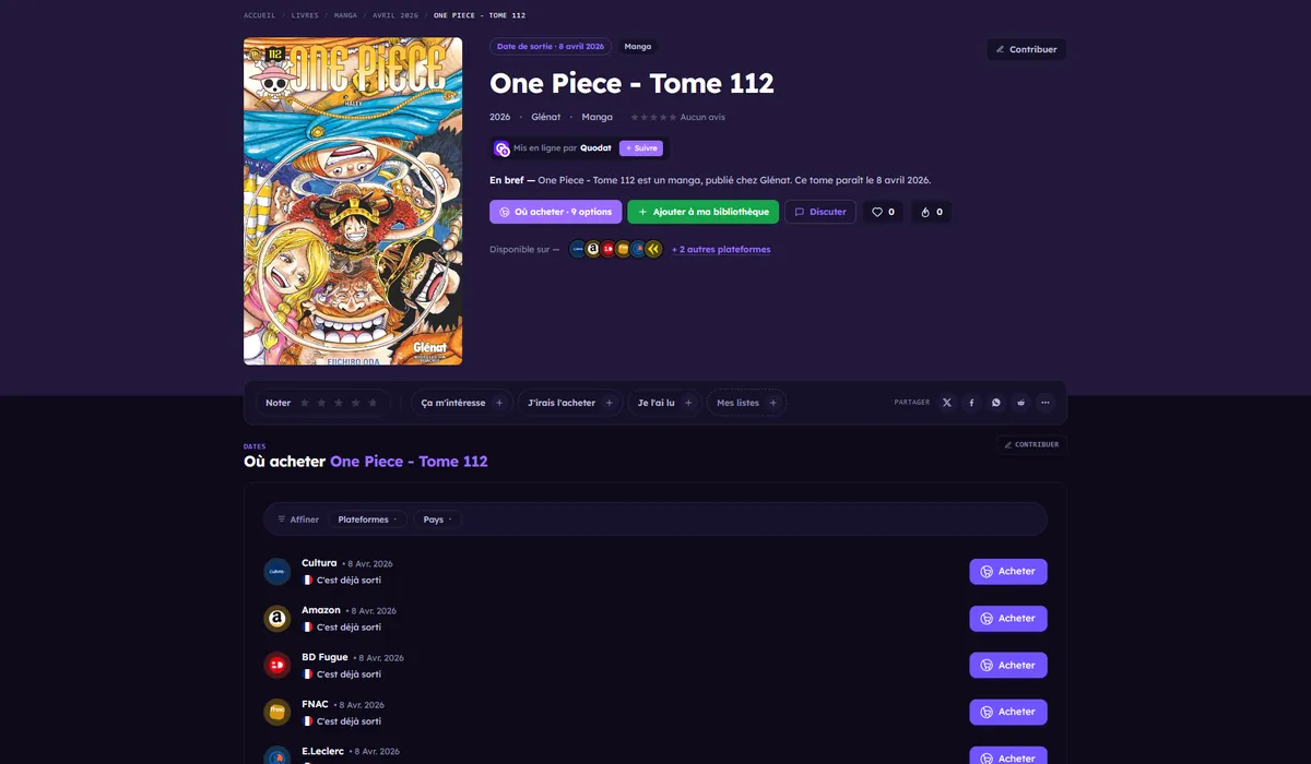 Fiche de sortie One Piece Tome 112 sur Quodat, avec ses points de vente