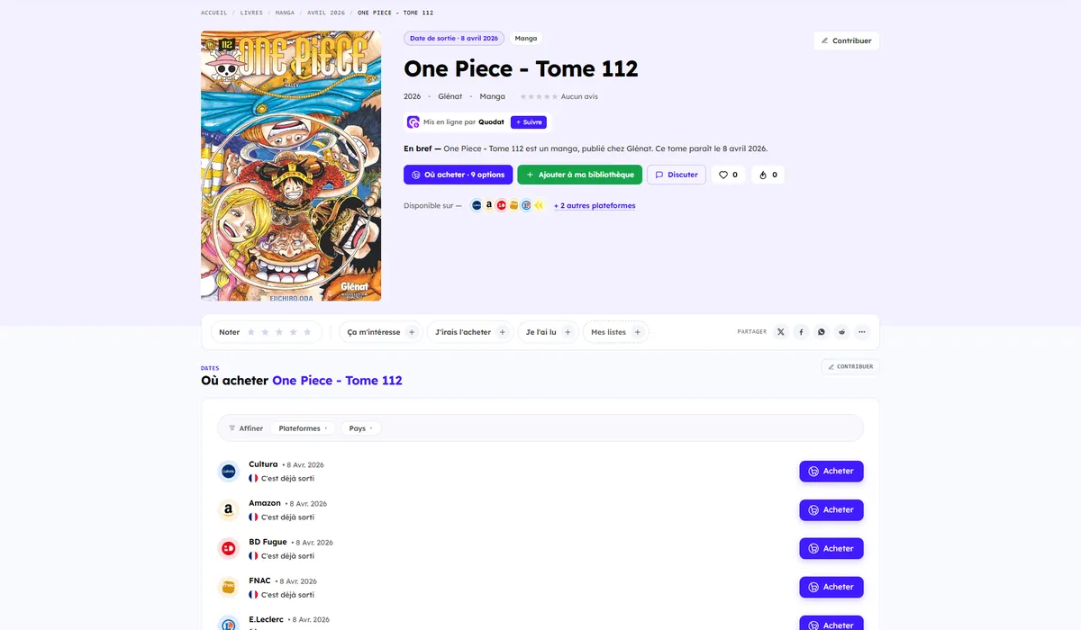 Fiche de sortie One Piece Tome 112 sur Quodat, avec ses points de vente
