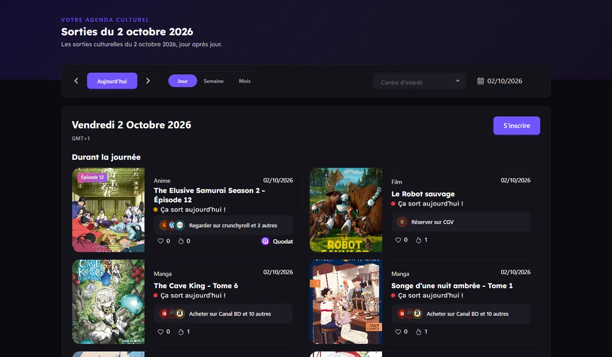 Calendrier des sorties du jour sur Quodat