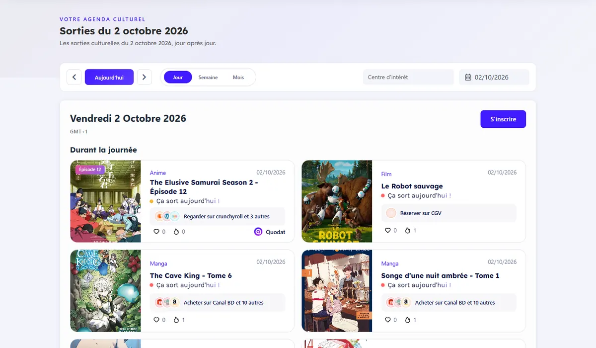 Calendrier des sorties du jour sur Quodat